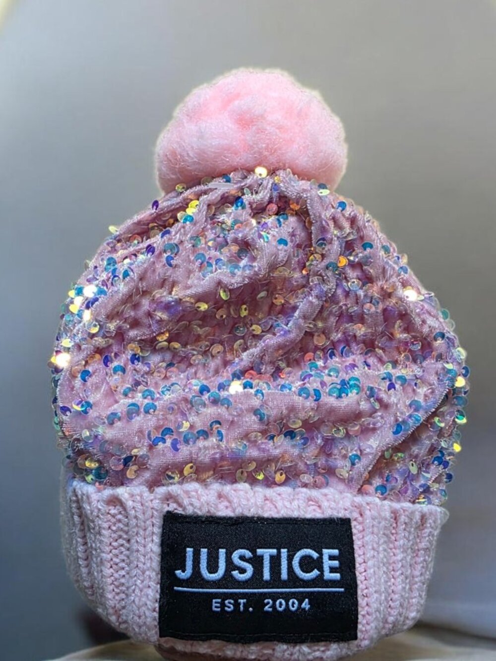 NWOT JUSTICE (OSFA) Girls Pink Iridescent Sequined Hat with Puff Pom Pom